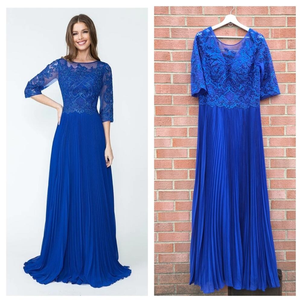 Lenovia 8145 Royal Blue Pleated Embellished Gown Dress Modest Classy Size XL